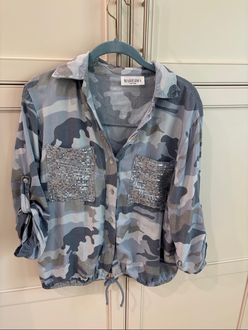 Blue Camouflage Sequin-Pocket Crop Shirt